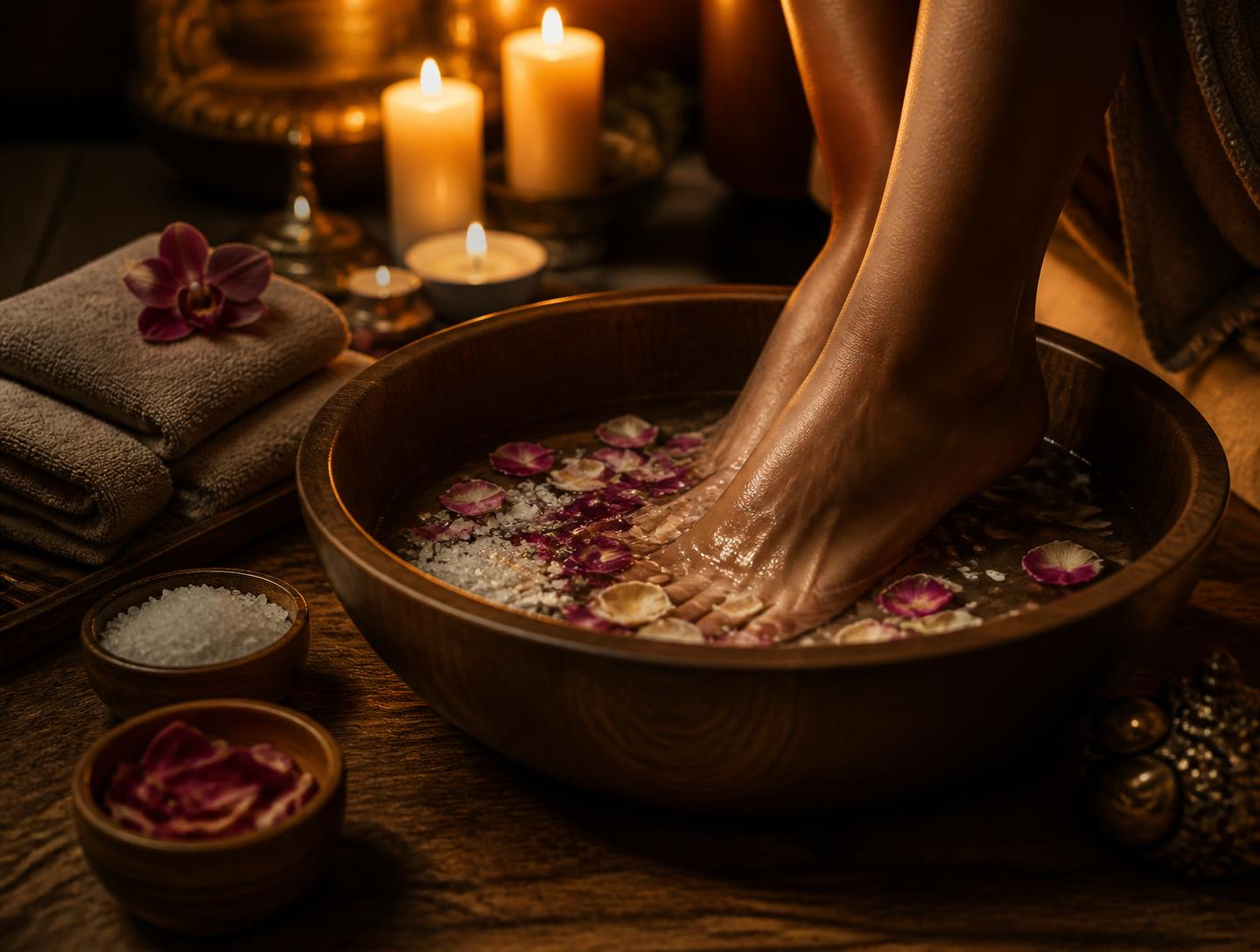Escalda-pés aromático com pétalas e velas