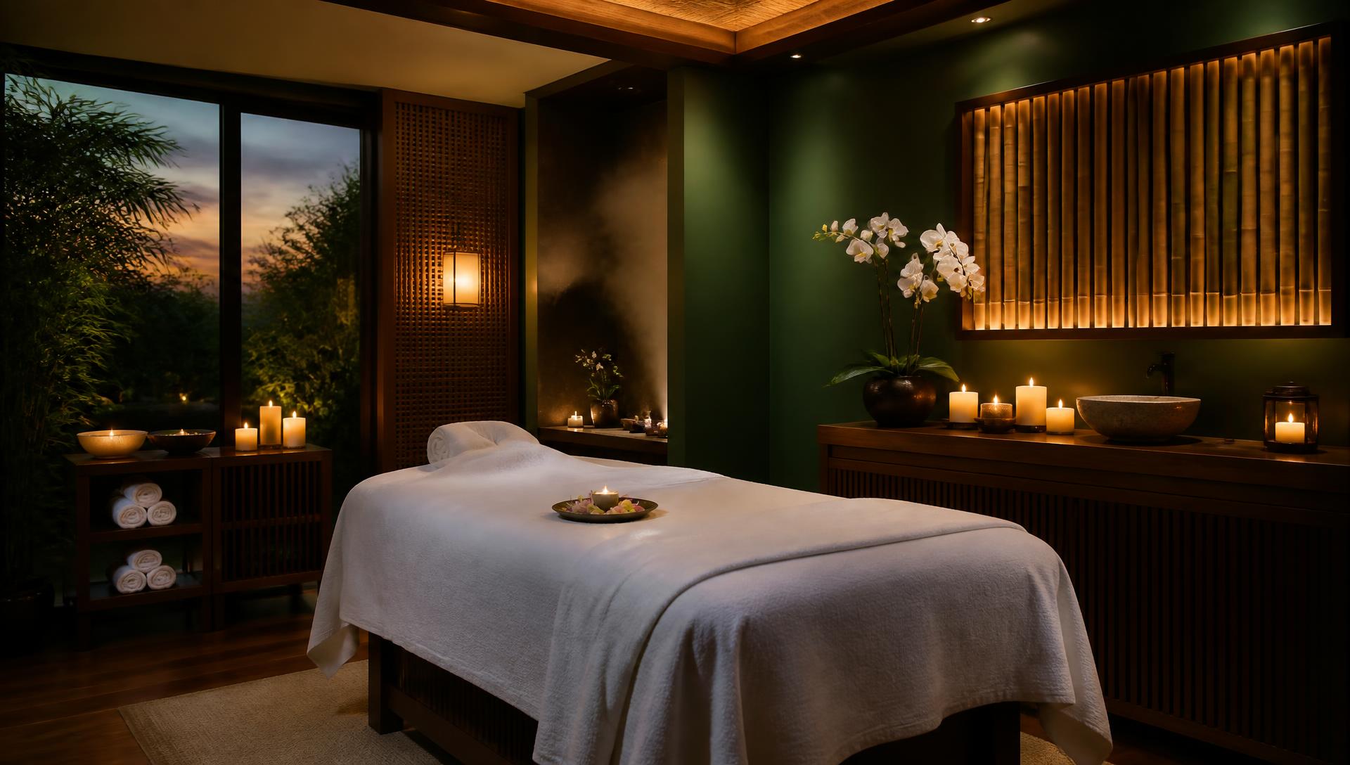 Sala de massagem luxuosa iluminada por velas